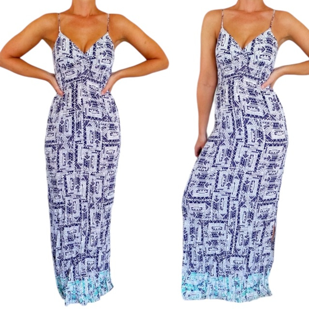 AQUA blue white tribal surplice spaghetti strap maxi dress size medium